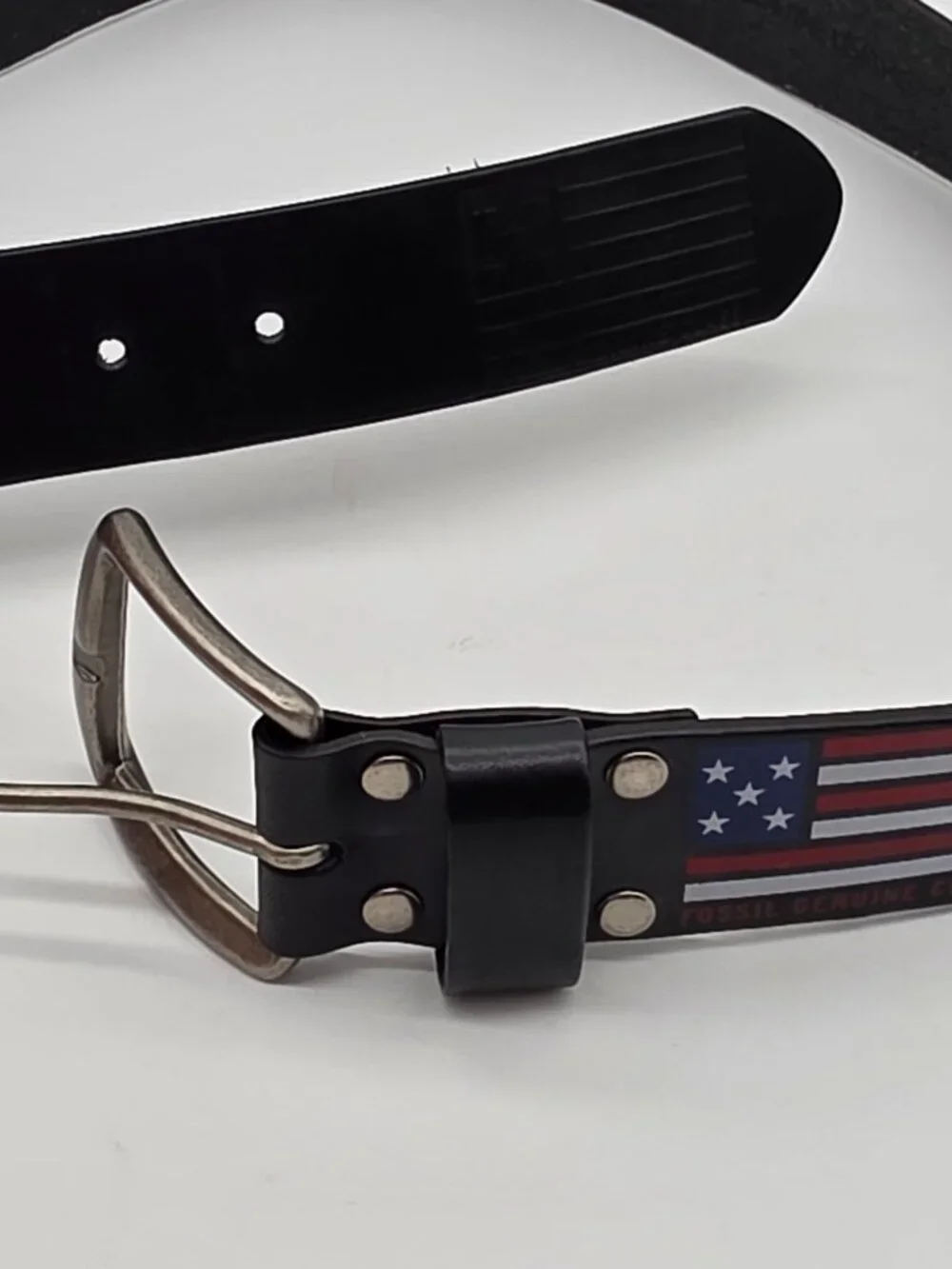Fossil Genuine Classic Belt Men's Size 34 American Flag Patriotic Black Leather